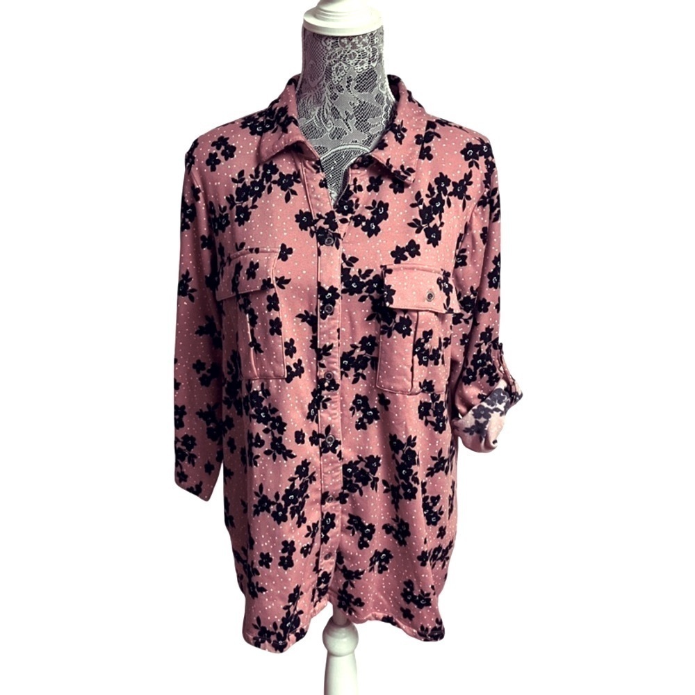 Hastings & Smith Women’s Floral Shirt Women’s SZ 1X Stretch Roll Tab Sleeve Cozy